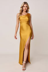 Goldenes Brautjungfernkleid aus Satin mit einer Schulter